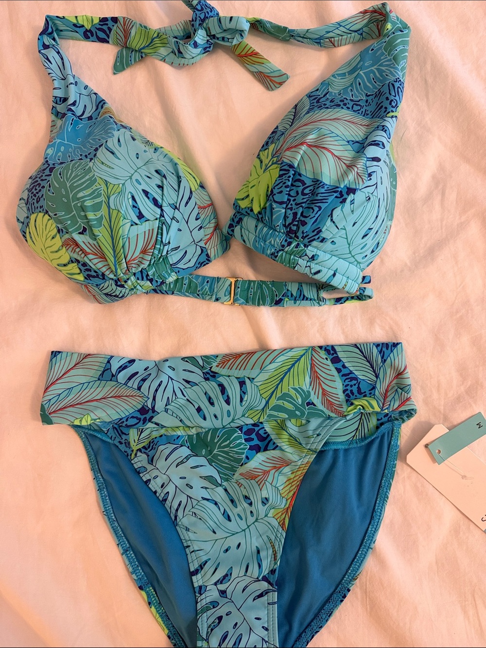 Sunsets Wild Palms DD top Medium Bali bottom print bikini set NWT blue green